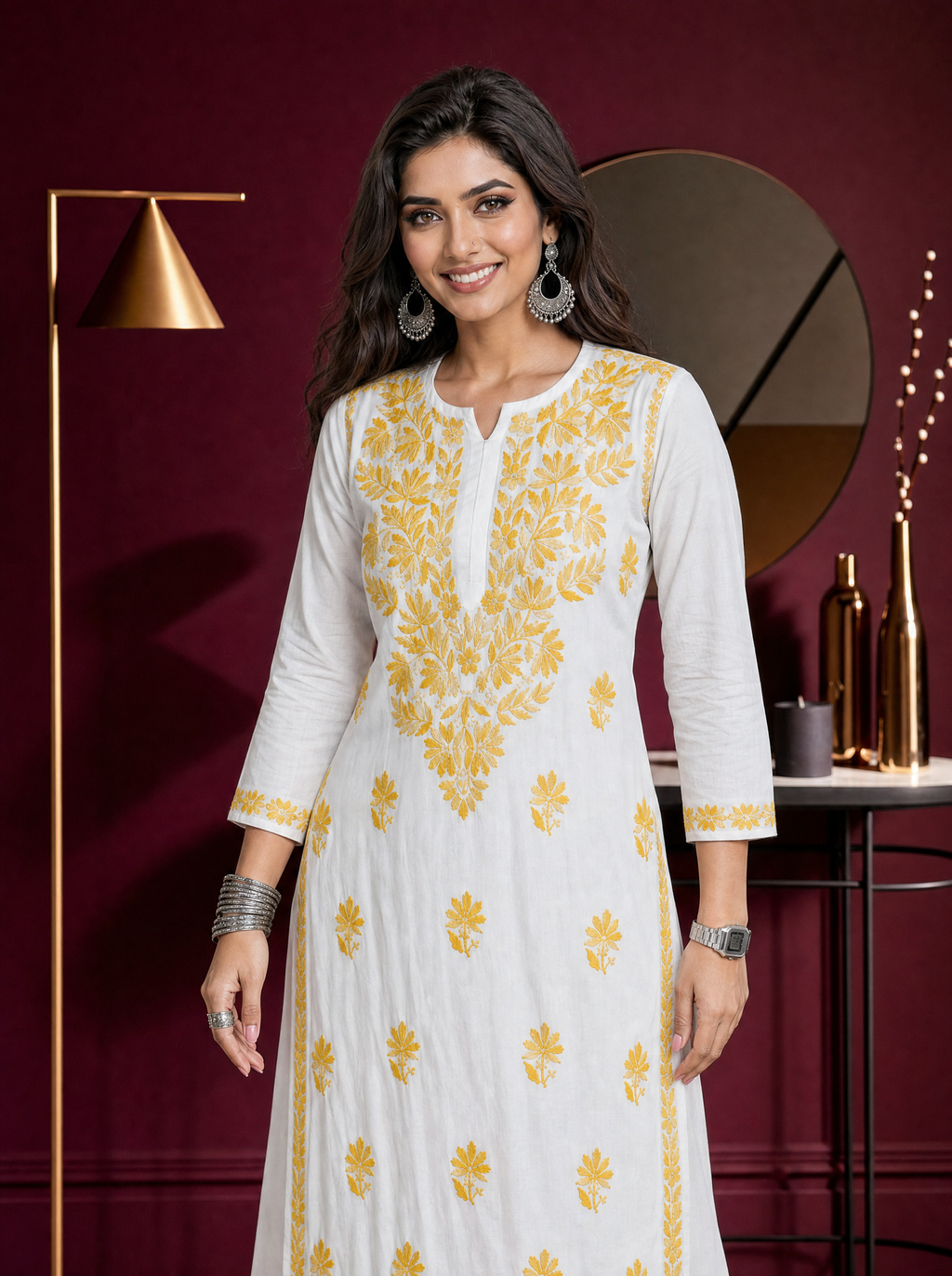 Aachhri Rayon Chikankari Women's 2PC Long Kurta Set - Yellow - front zoom