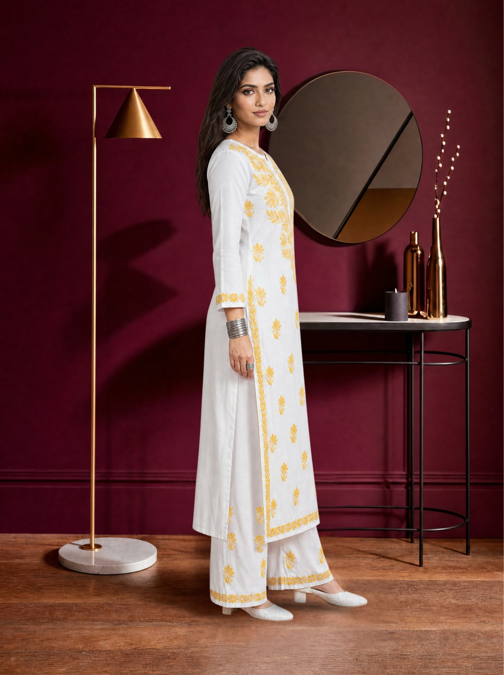 Aachhri Rayon Chikankari Women's 2PC Long Kurta Set - Yellow - side full