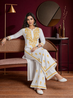Aachhri Rayon Chikankari Women's 2PC Long Kurta Set - Yellow - sitting