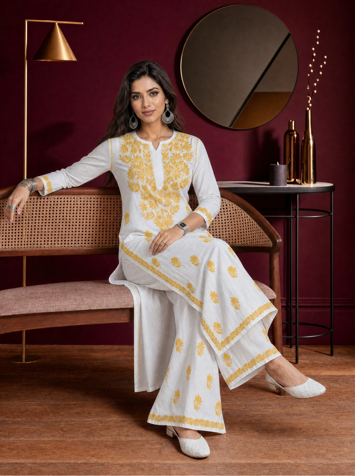 Aachhri Rayon Chikankari Women's 2PC Long Kurta Set - Yellow - sitting