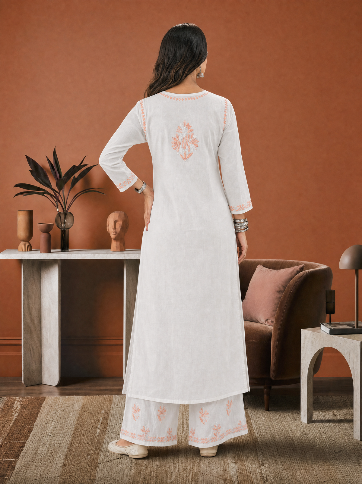 Aachhri Rayon Chikankari Women's 2PC Long Kurta Set - Peach - back full