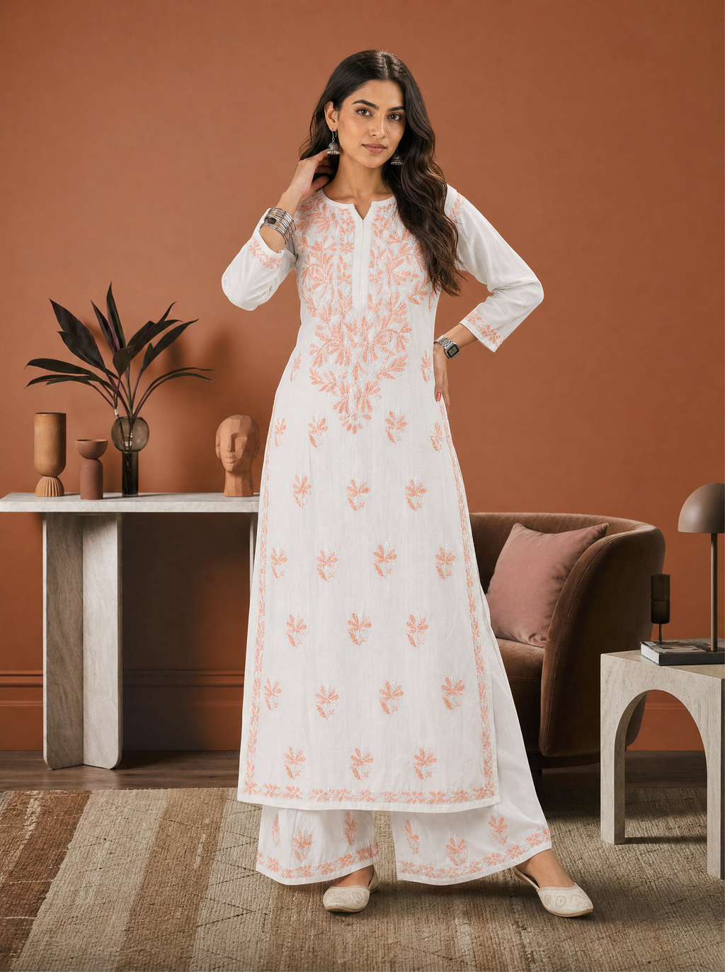 Aachhri Rayon Chikankari Women's 2PC Long Kurta Set - Peach - front full