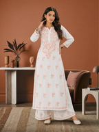 Aachhri Rayon Chikankari Women's 2PC Long Kurta Set - Peach - front full
