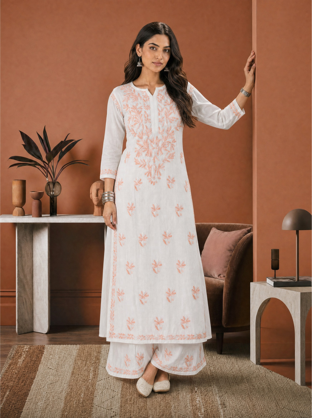 Aachhri Rayon Chikankari Women's 2PC Long Kurta Set - Peach - front full 2