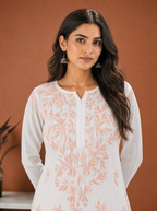 Aachhri Rayon Chikankari Women's 2PC Long Kurta Set - Peach - front zoom
