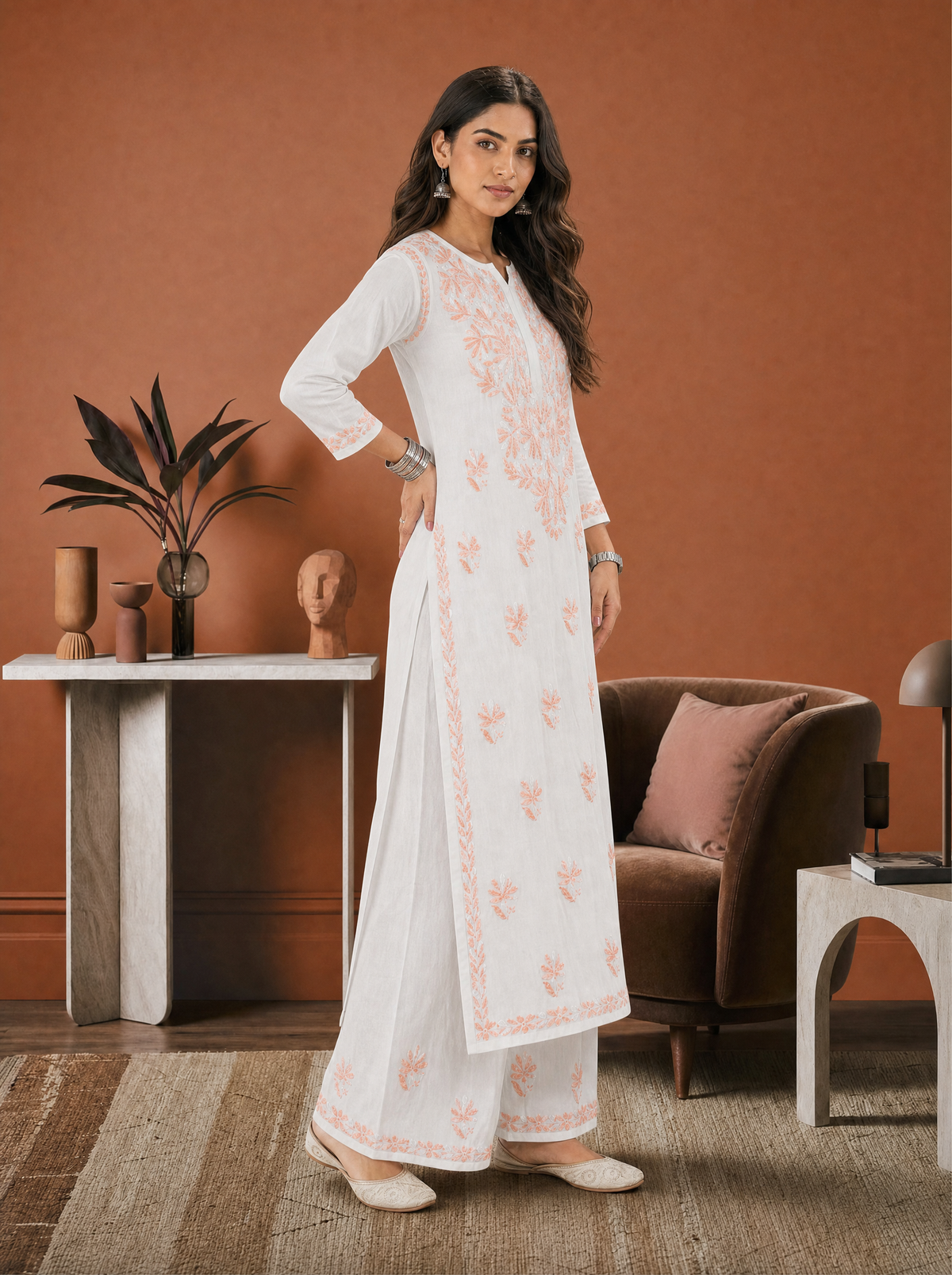 Aachhri Rayon Chikankari Women's 2PC Long Kurta Set - Peach - side full