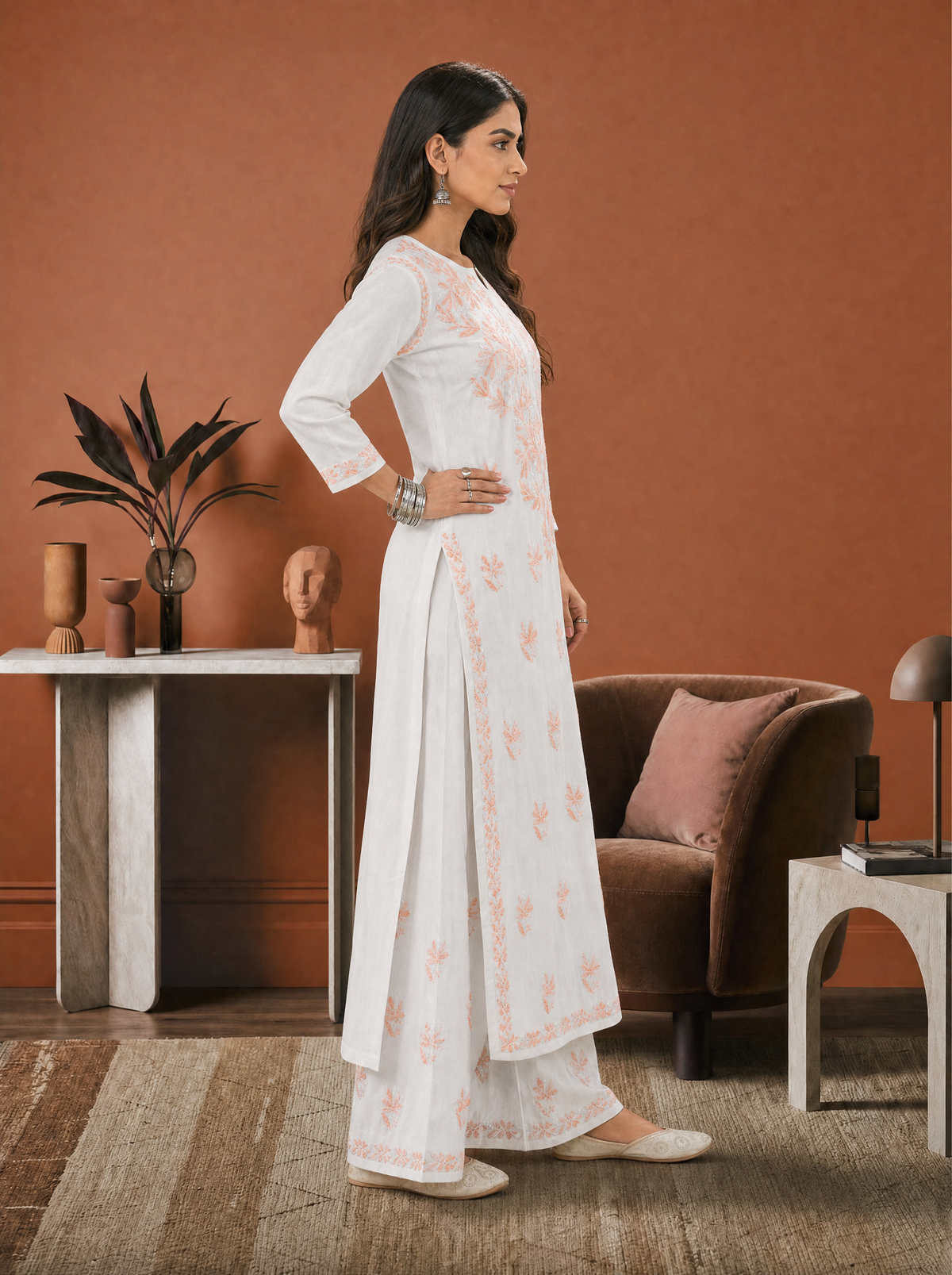 Aachhri Rayon Chikankari Women's 2PC Long Kurta Set - Peach - side full 2