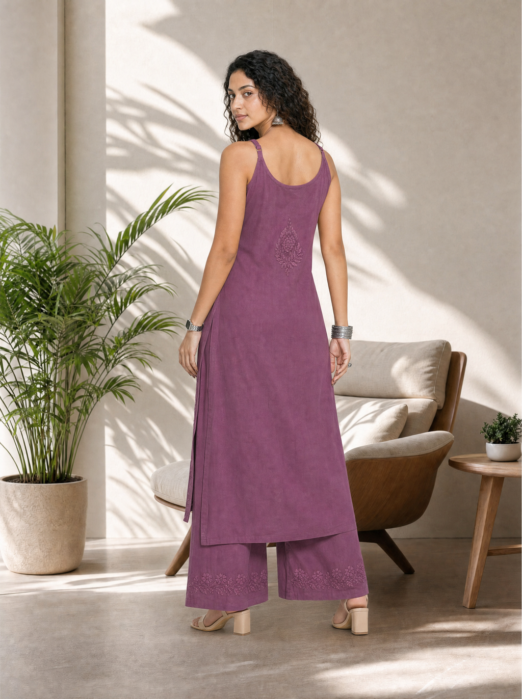 Aachhri Rayon Chikankari Women's 2PC Long Kurta Set - Mauve - back full