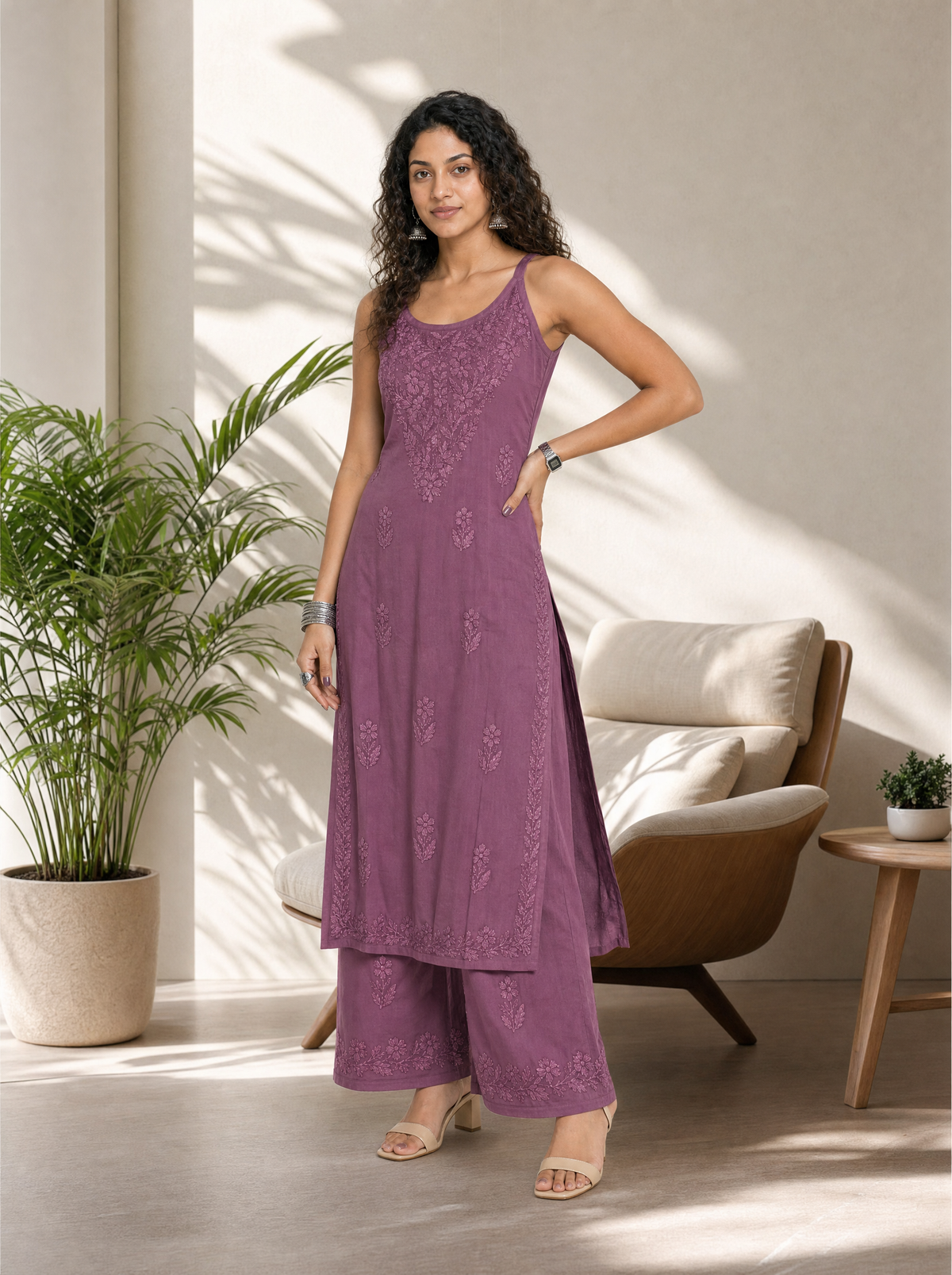 Aachhri Rayon Chikankari Women's 2PC Long Kurta Set - Mauve - front full