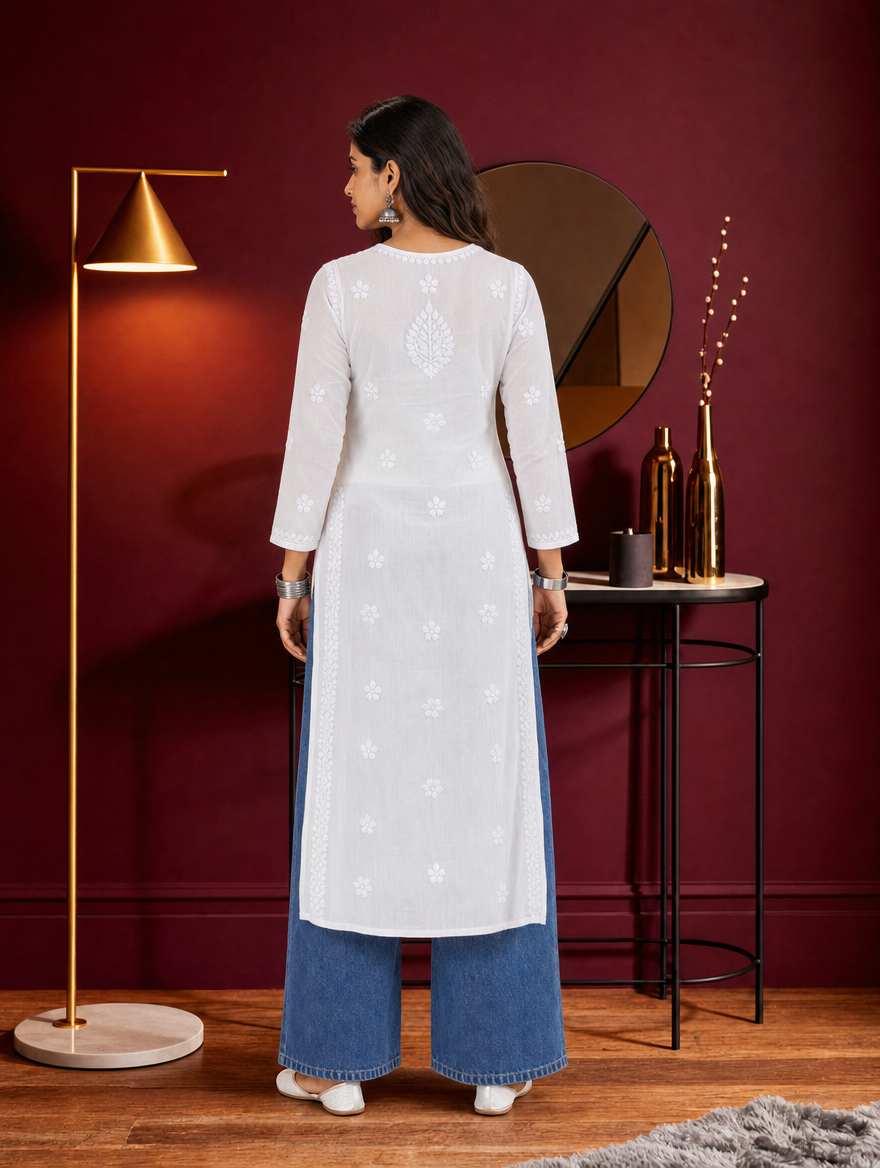Aachhri Viscose Chikankari Women's Long Kurta - White