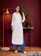 Aachhri Viscose Chikankari Women's Long Kurta - White