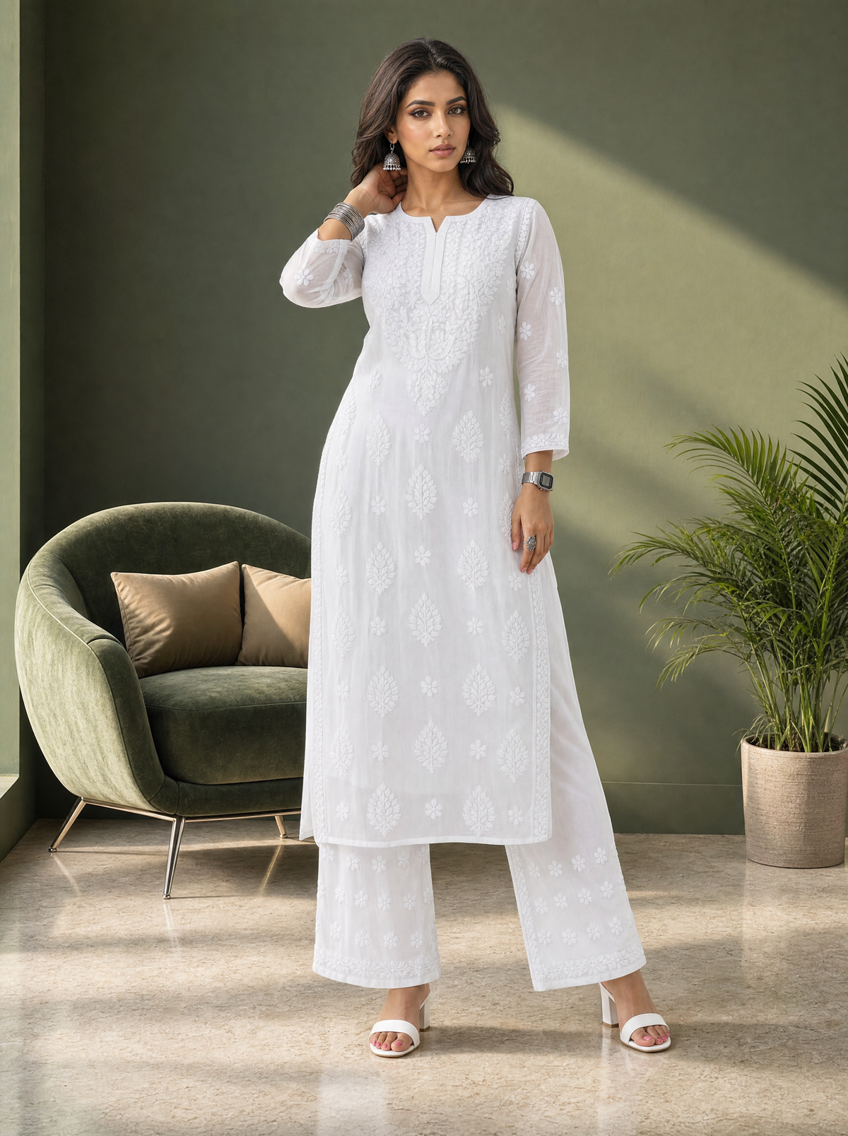 Aachhri Viscose Chikankari Women's 2PC Long Kurta Set - White - front full