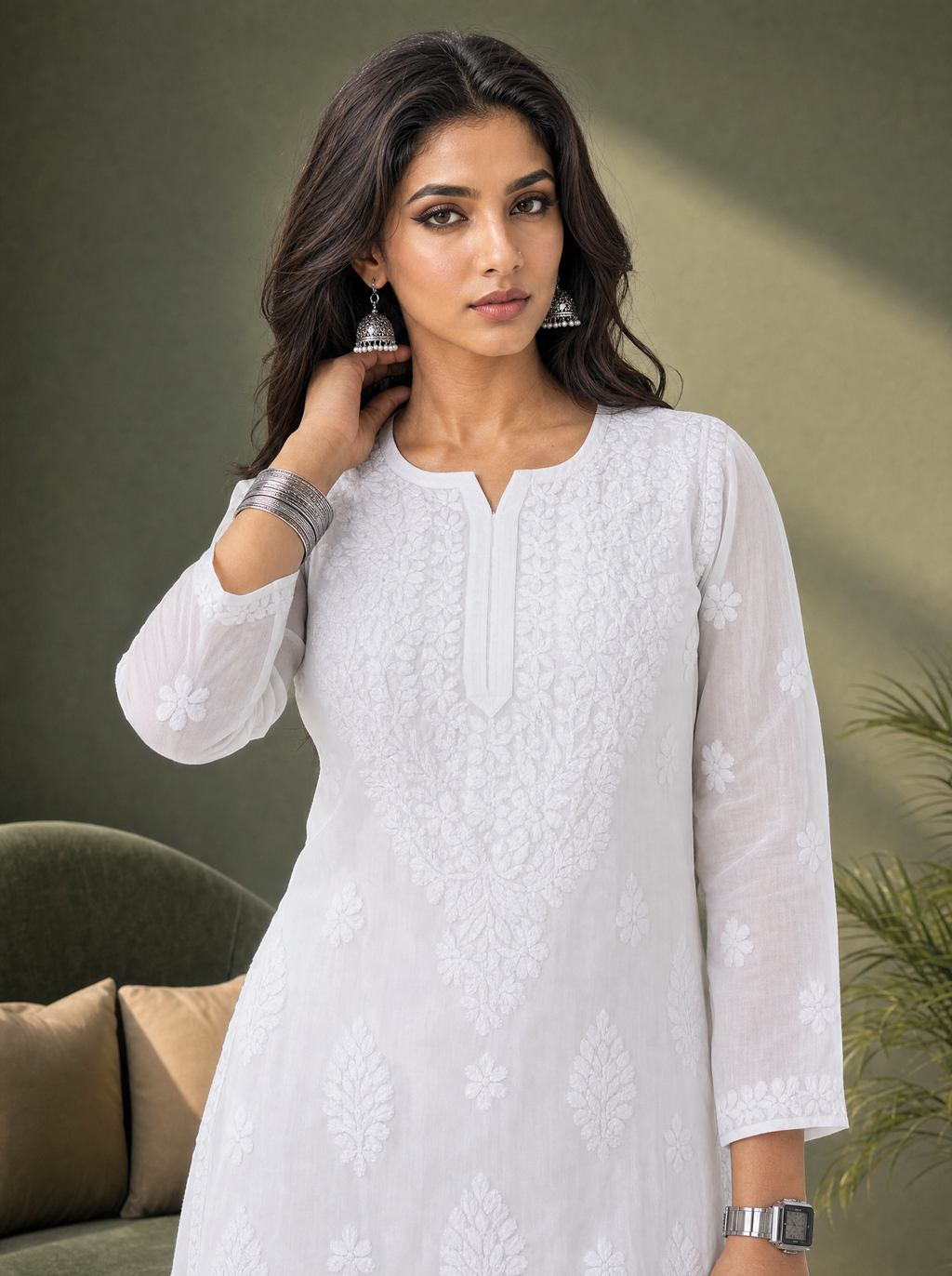 Aachhri Viscose Chikankari Women's 2PC Long Kurta Set - White - front zoom