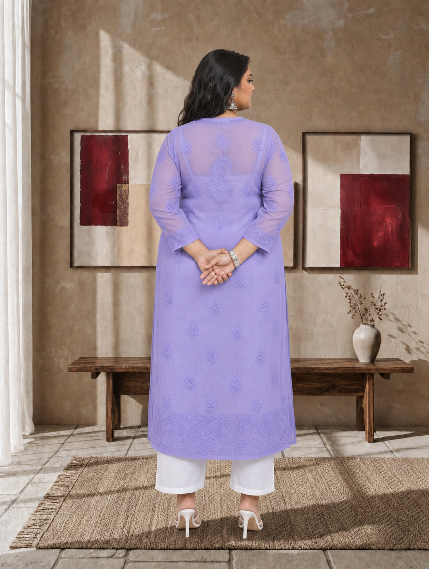 Aachhri Georgette Chikankari Kurta - Lavender - Plus size back