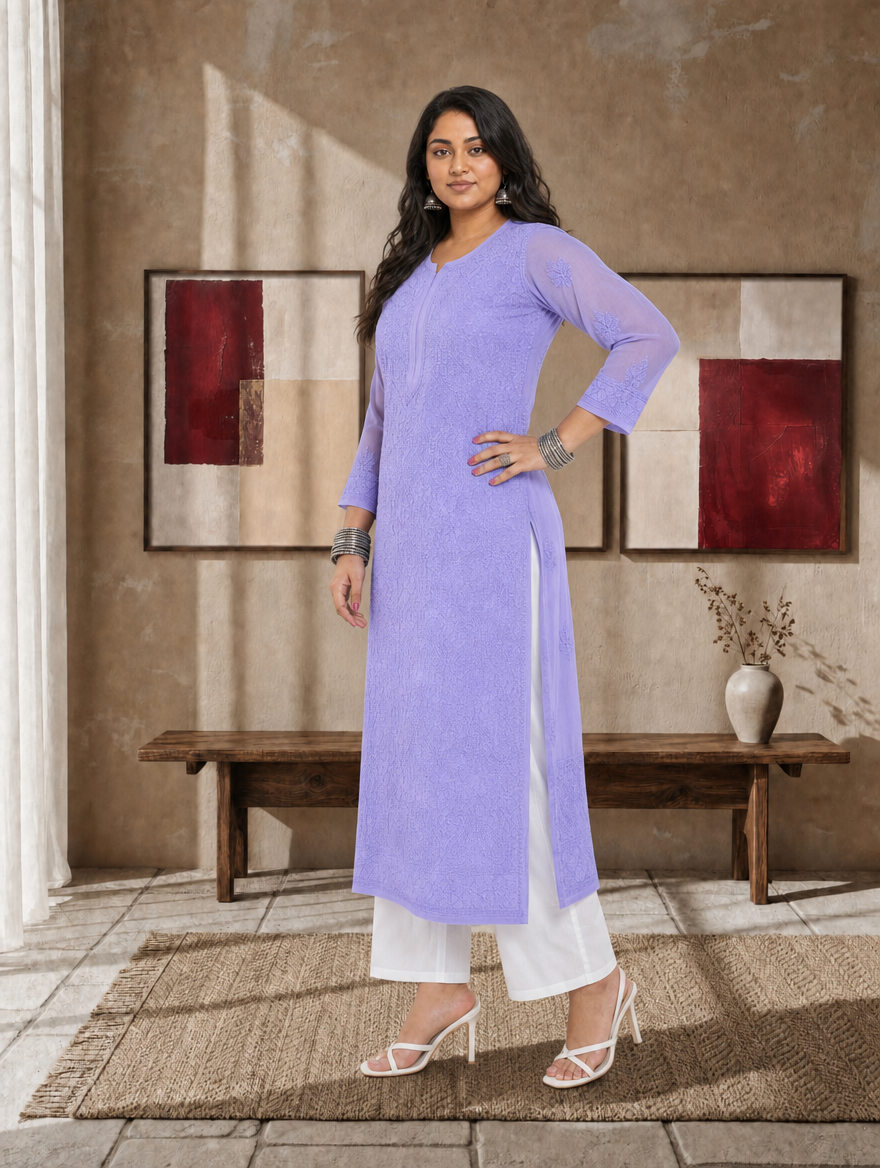 Aachhri Georgette Chikankari Kurta - Lavender - Plus size side