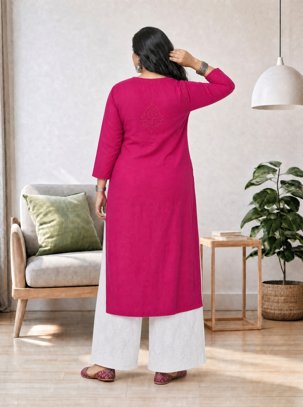 Aachhri Muslin Chikankari Kurta - Rani Pink - Plus size back