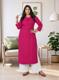 Aachhri Muslin Chikankari Kurta - Rani Pink - Plus size front