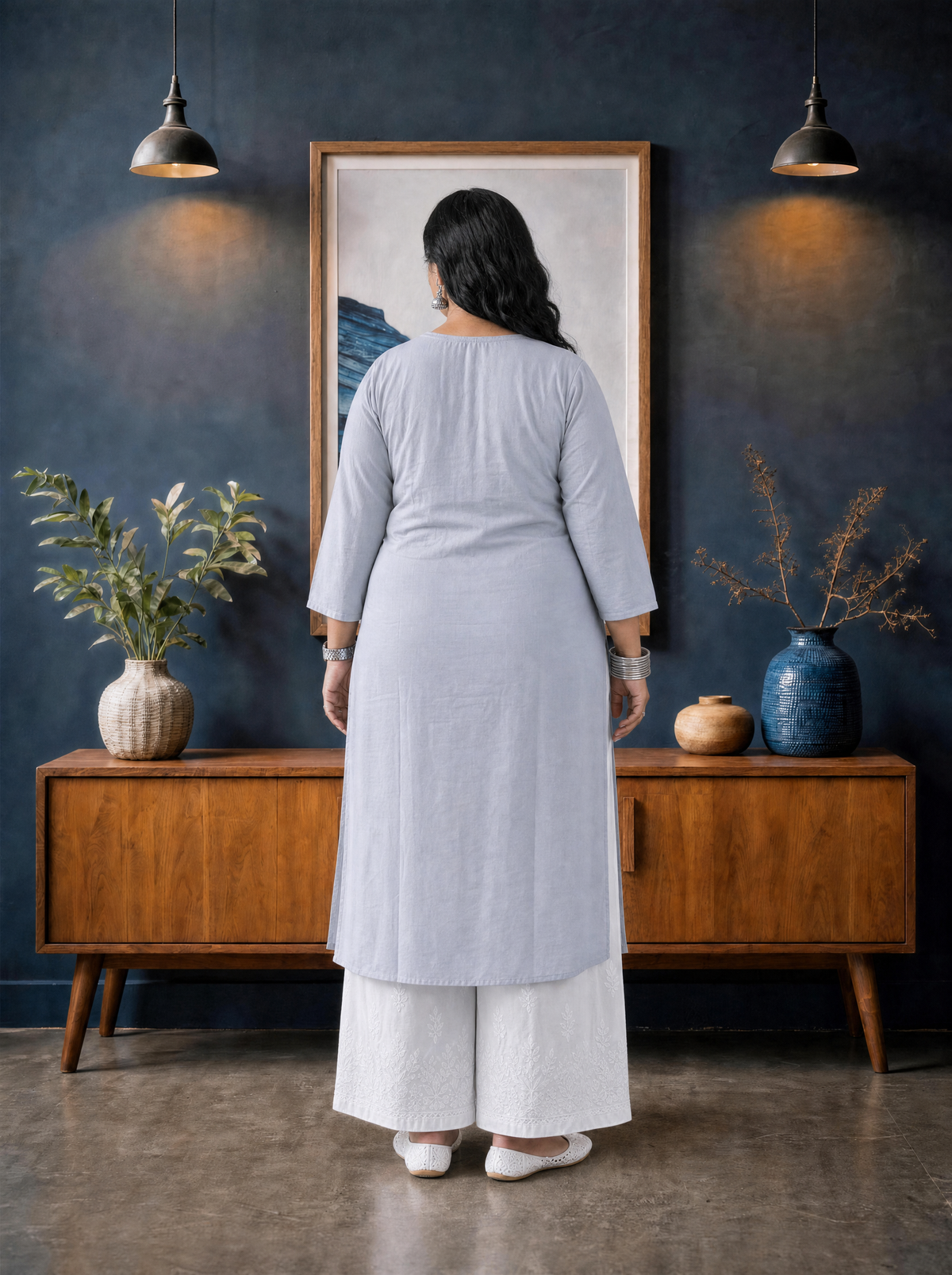 Aachhri Rayon Chikankari Kurta - Powder Grey - Plus size back