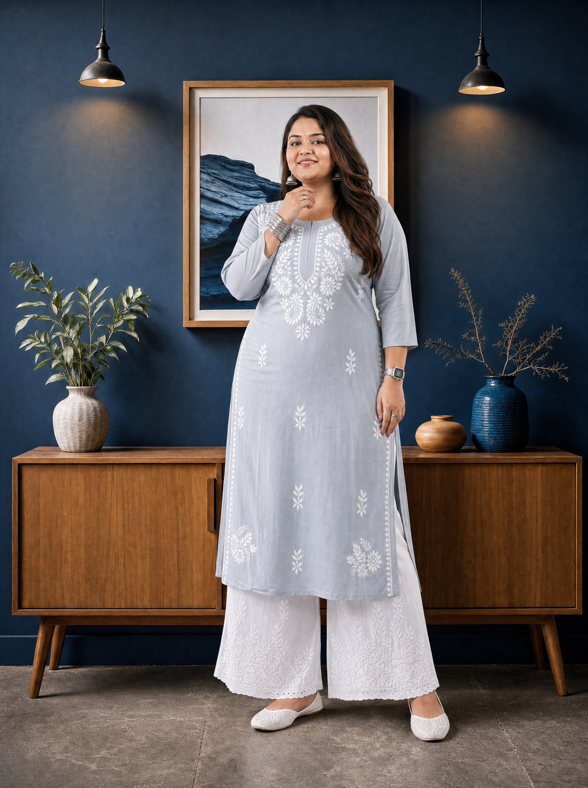 Aachhri Rayon Chikankari Kurta - Powder Grey - Plus size front