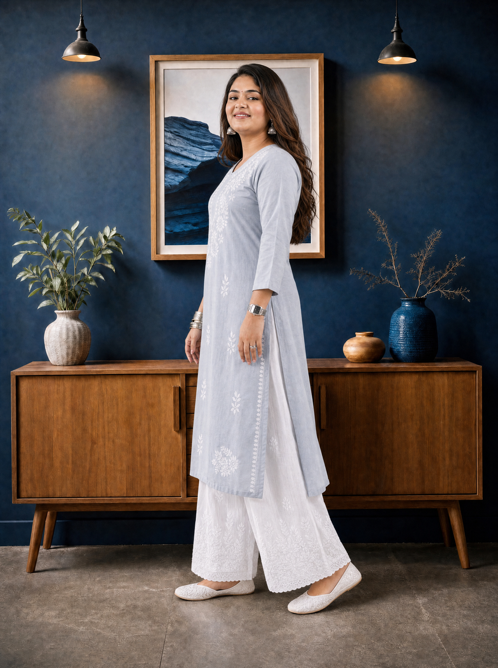 Aachhri Rayon Chikankari Kurta - Powder Grey - Plus size side