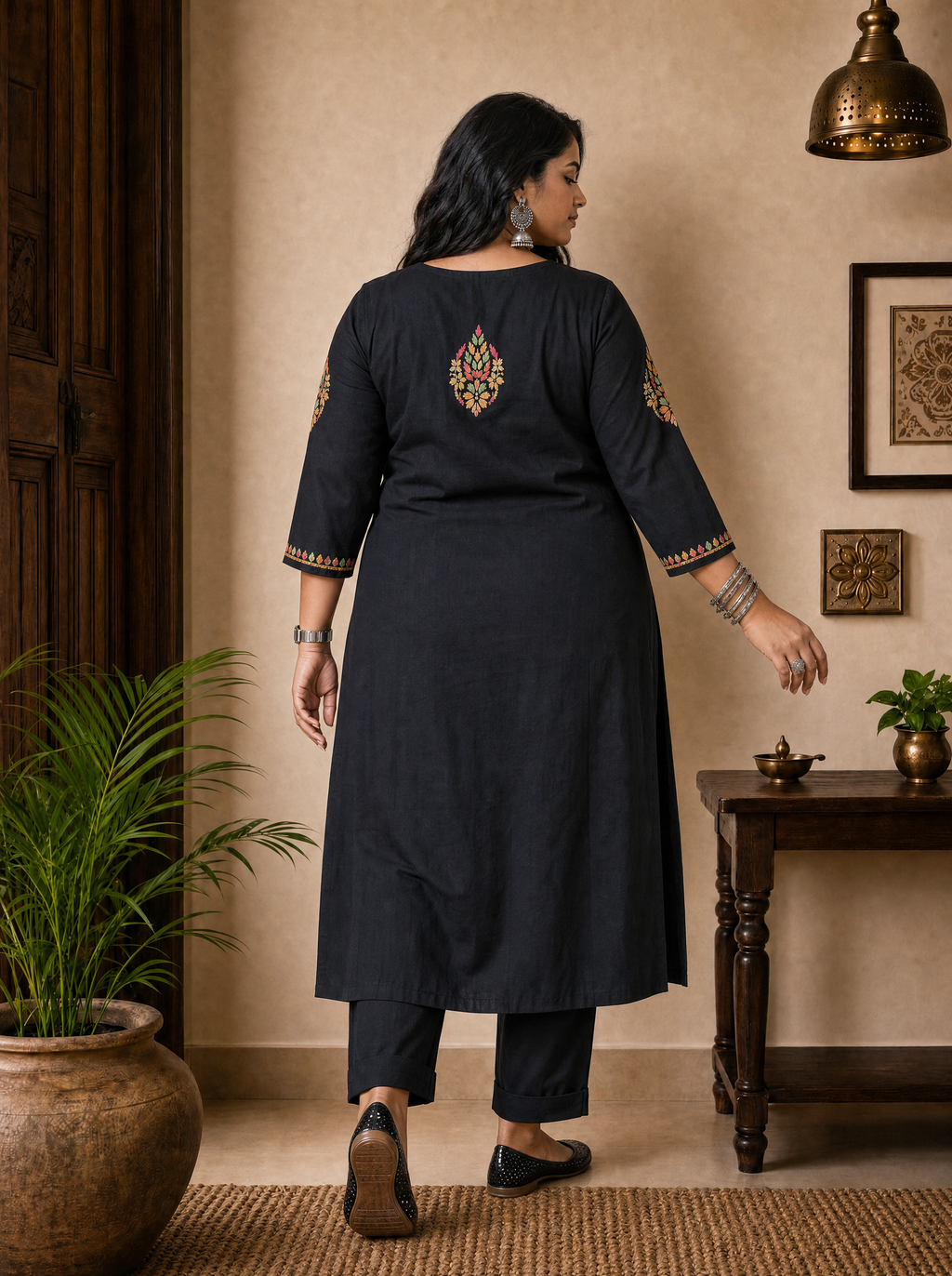 Aachhri Cotton Chikankari Kurta - Black - Plus size back
