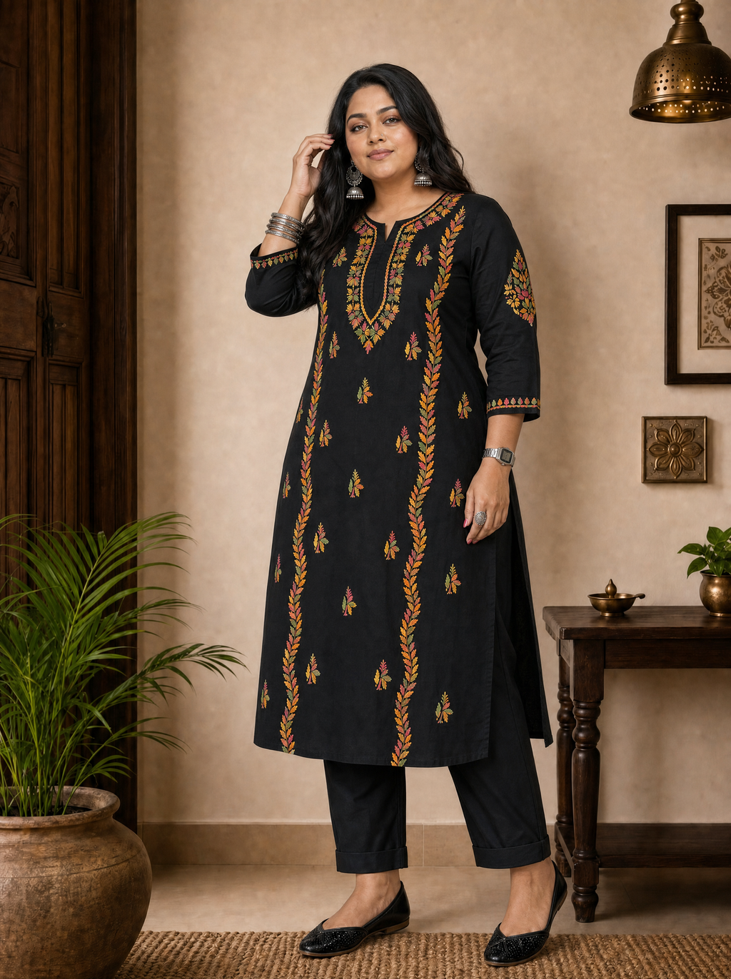 Aachhri Cotton Chikankari Kurta - Black - Plus size front