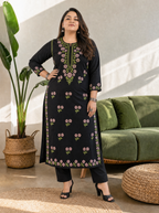 Aachhri Rayon Chikankari Kurta - Black - Plus size front