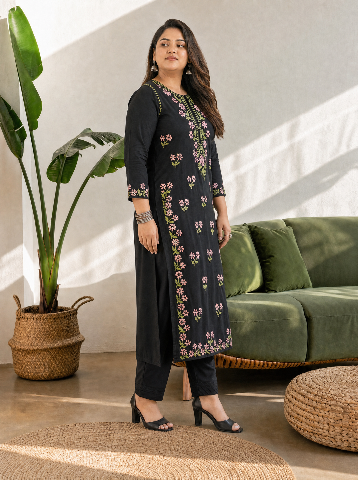 Aachhri Rayon Chikankari Kurta - Black - Plus size side