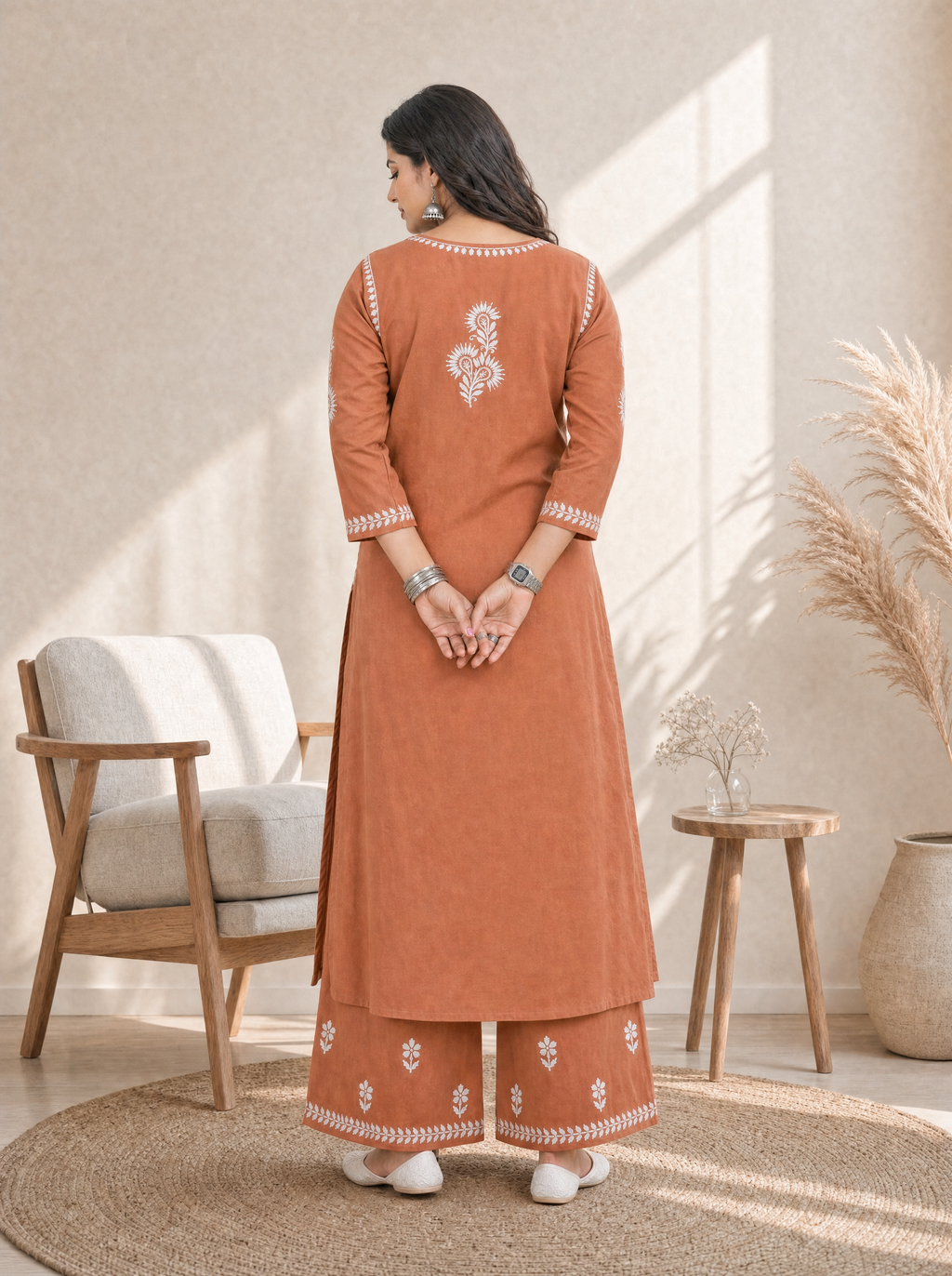 Aachhri Rayon Chikankari 2PC Set - Peach - Plus size back