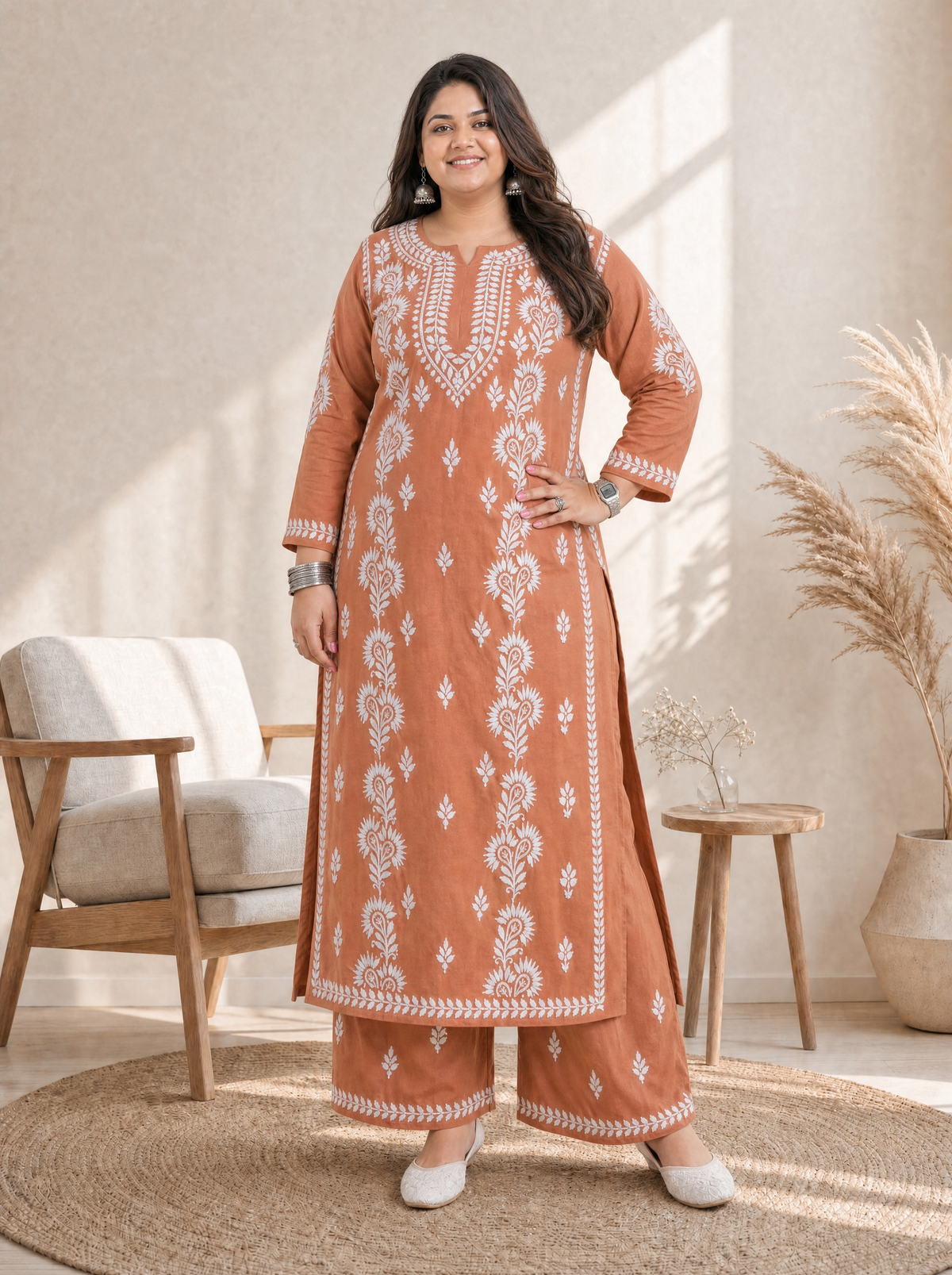 Aachhri Rayon Chikankari 2PC Set - Peach - Plus size front