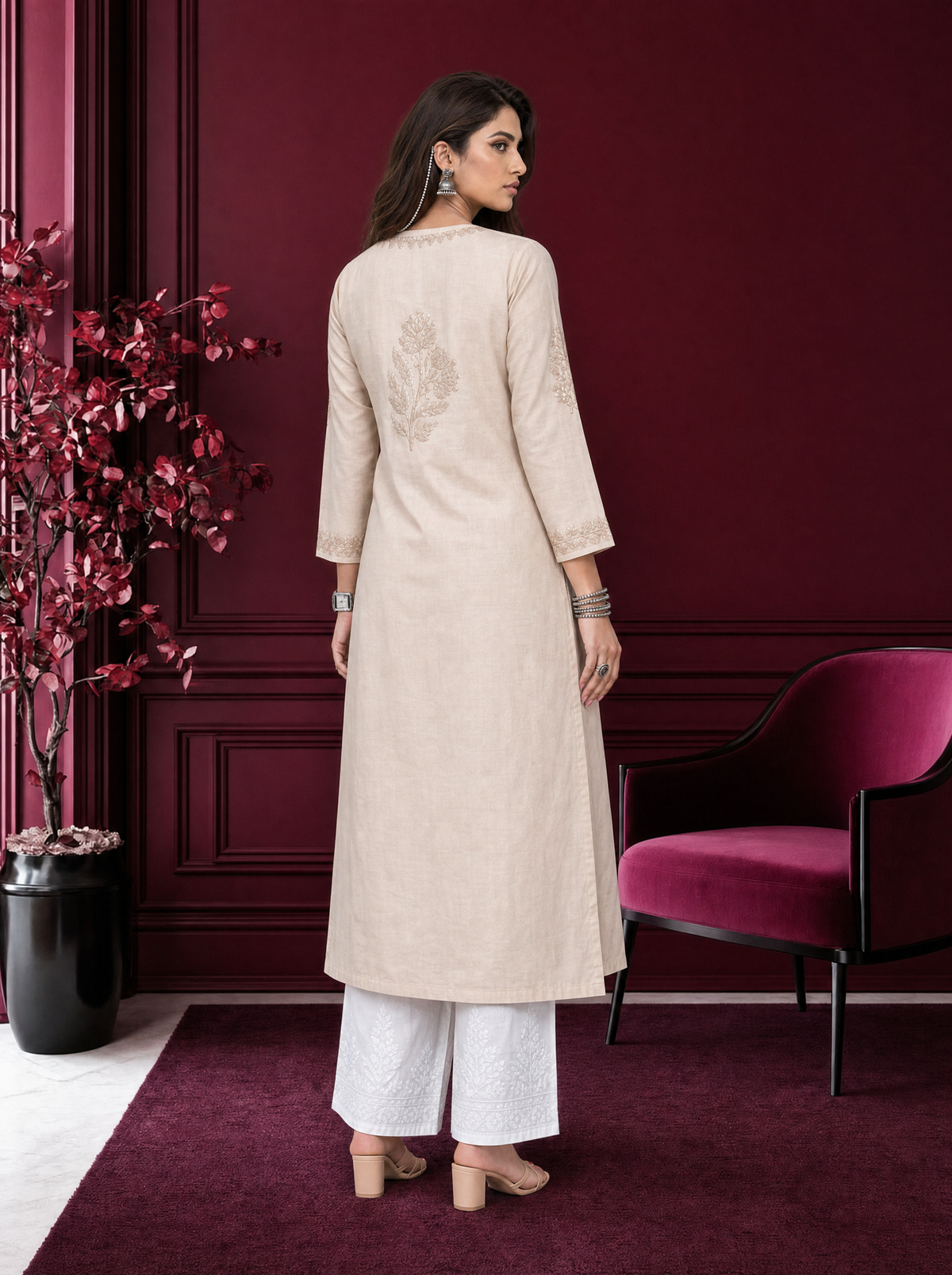 Aachhri Chanderi Chikankari Women's Long Kurta - Beige