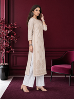 Aachhri Chanderi Chikankari Women's Long Kurta - Beige