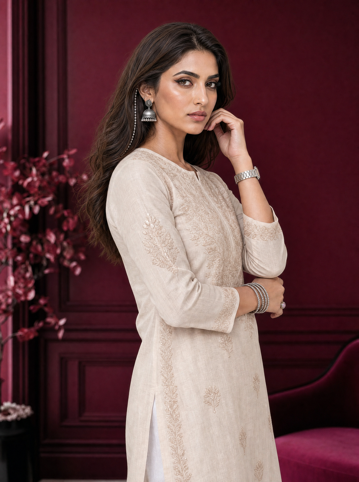 Aachhri Chanderi Chikankari Women's Long Kurta - Beige
