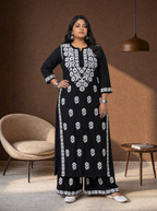 Aachhri Rayon Chikankari 2PC Set - Black Daisy - Plus size front