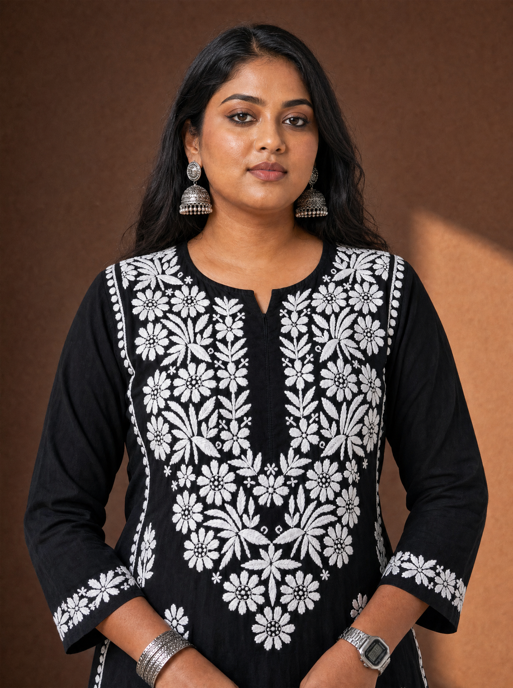 Aachhri Rayon Chikankari 2PC Set - Black Daisy - Plus size front zoom