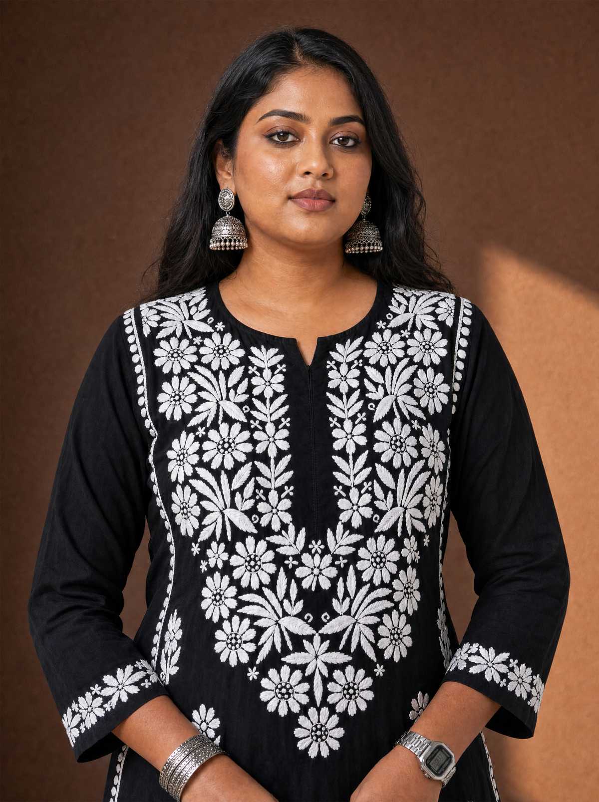Aachhri Rayon Chikankari 2PC Set - Black Daisy - Plus size front zoom