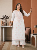 Aachhri Rayon Chikankari 2PC Set - White and Peach - Plus size front