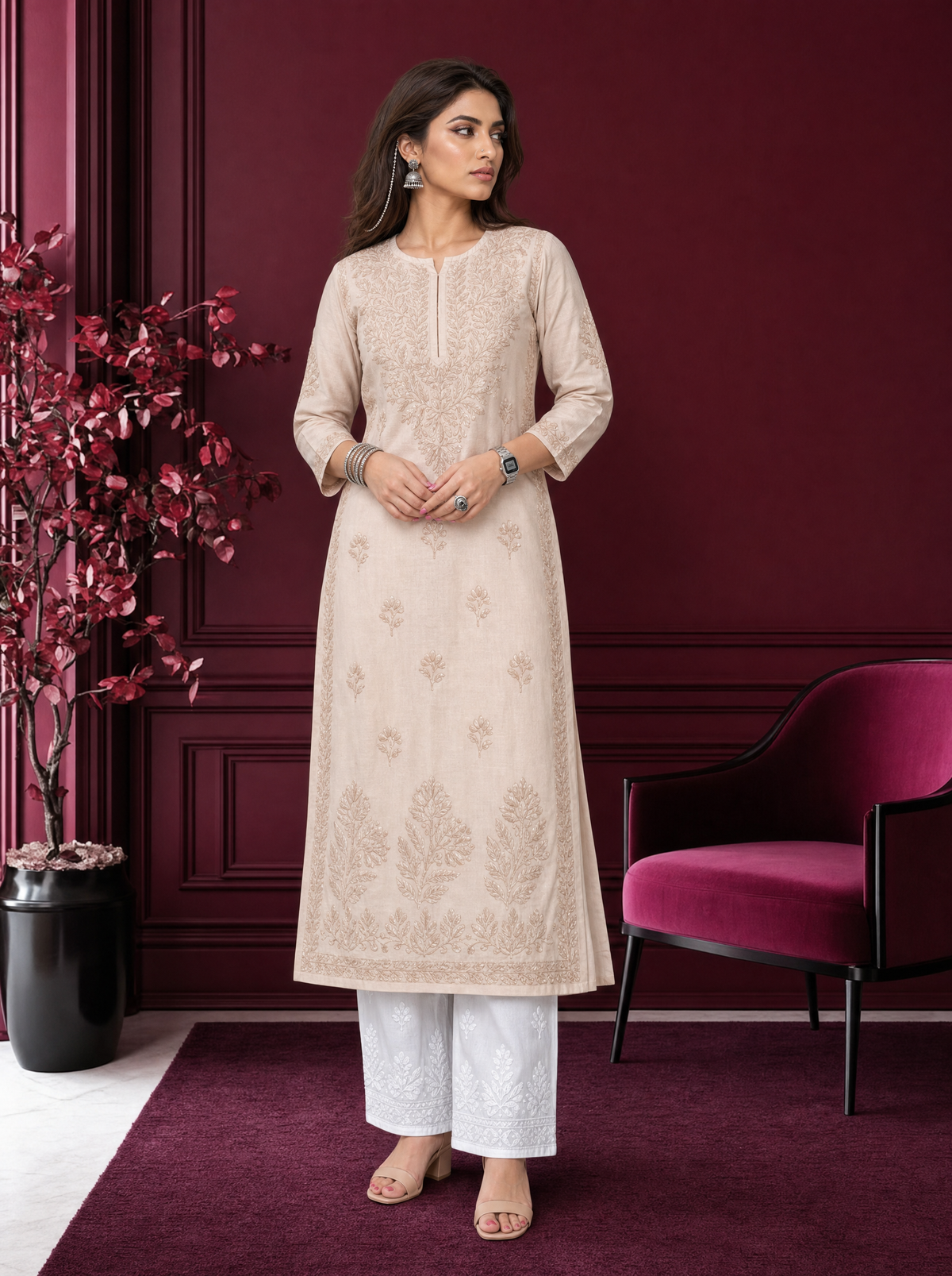 Aachhri Chanderi Chikankari Women's Long Kurta - Beige