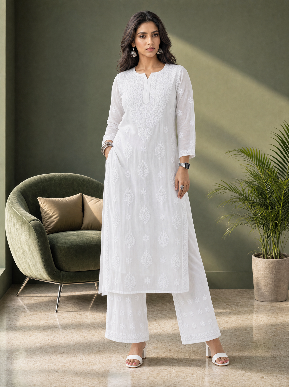 Aachhri Viscose Chikankari Women's 2PC Long Kurta Set - White - side
