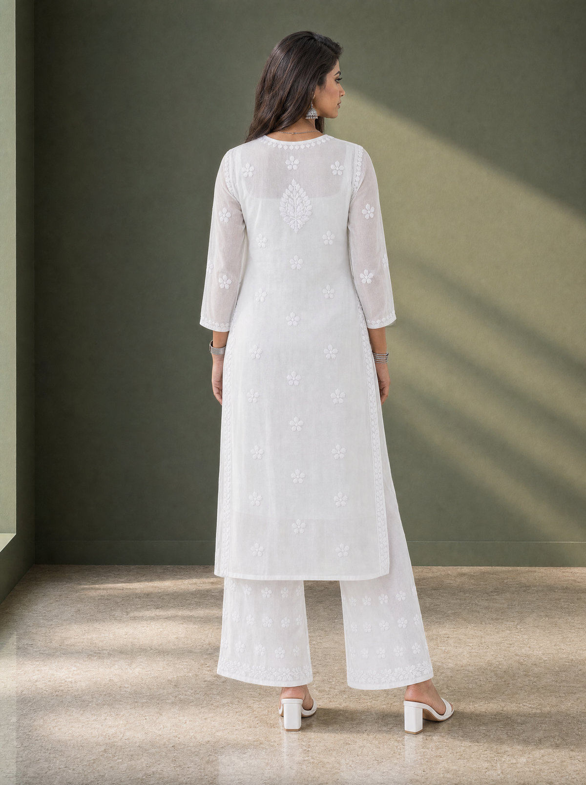 Aachhri Viscose Chikankari Women's 2PC Long Kurta Set - White - back full