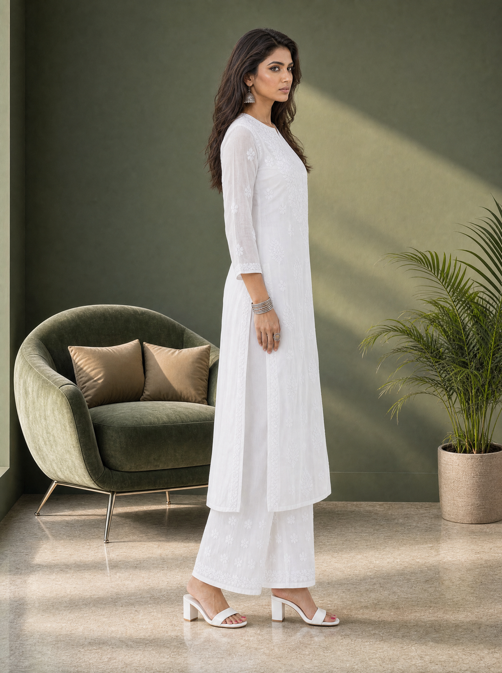 Aachhri Viscose Chikankari Women's 2PC Long Kurta Set - White - side full